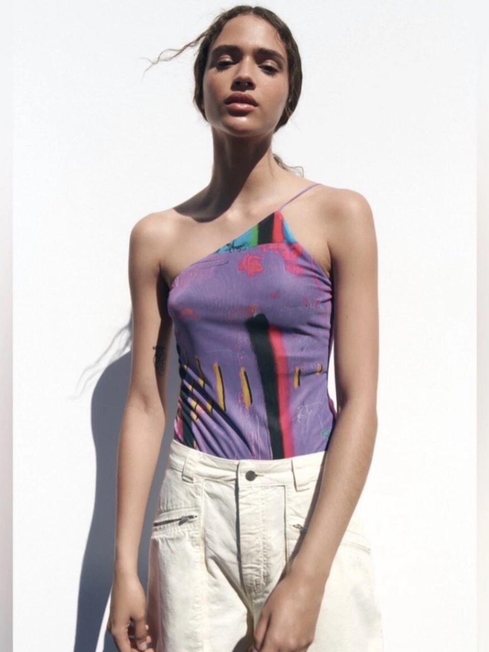Zara One-Shoulder Purple Abstract Print Camisole